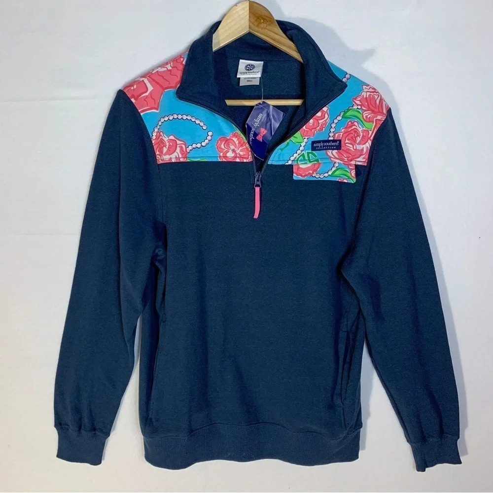 Simply Southern Navy Floral 1/4 Zip Pullover Sweatshirt